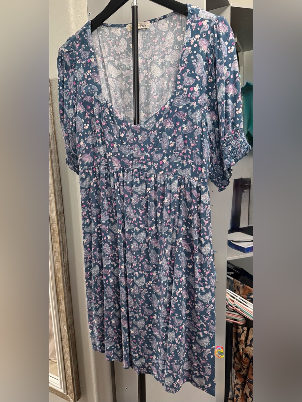 Boho Floral Scoop-Neck Top in Slate Blue